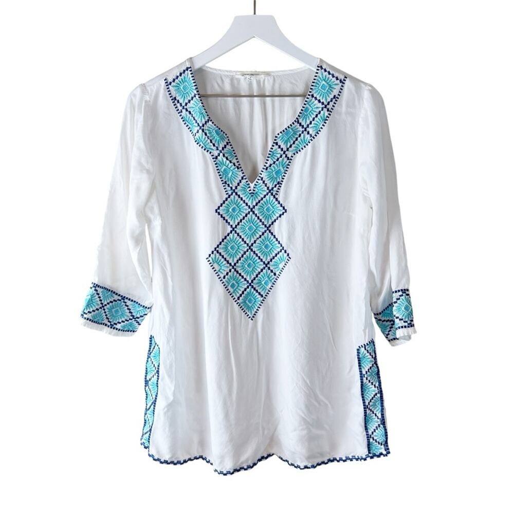 Solitaire Swim Womens White Cotton Embroidered V-Neck Tunic Cover Up Small